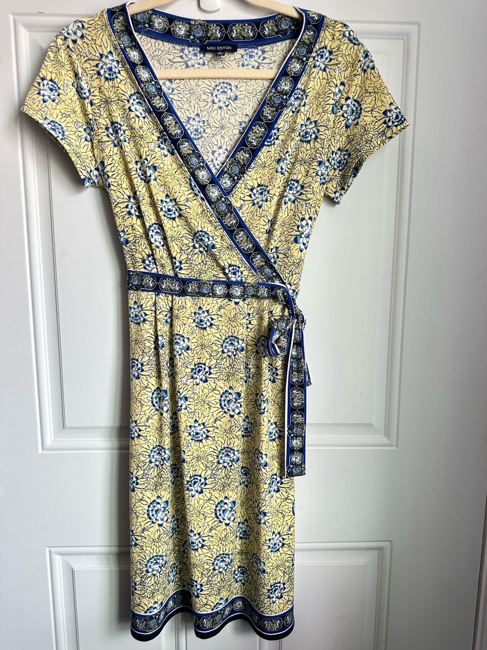 Max Edition Yellow Floral Wrap Midi Dress with Blue Trim Women’s Size Small